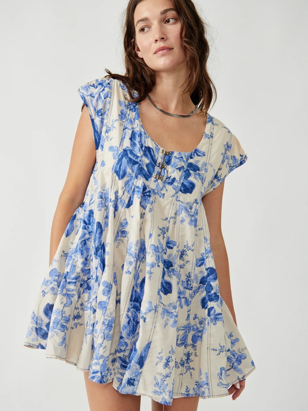 Free People Cream Mini Dress with Blue Floral Print